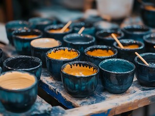 Artisan Pottery Bowls Blue Yellow Glaze Craftsmanship
