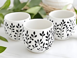 Elegant Black and White Floral Ceramic Cups Set