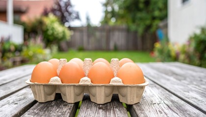 Fresh brown eggs in a carton on a wooden table outdoors
