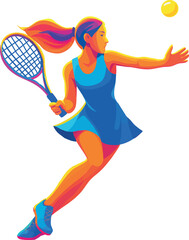 Dynamic modern illustration of a female tennis player in motion with racket. Neon blue, orange, shades, minimalist style, gradient colors. Perfect for sports designs, posters, ads, web and mobile apps