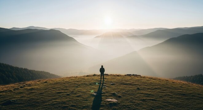 Solitary figure on grassy hilltop overlooking misty mountain valley at sunrise - Powered by Adobe