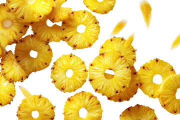 Pineapple slices, vibrant yellow, circular, arranged randomly, with a dark background
