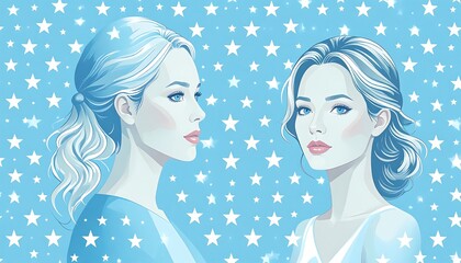 Two women with elegant hairstyles against a starry backdrop