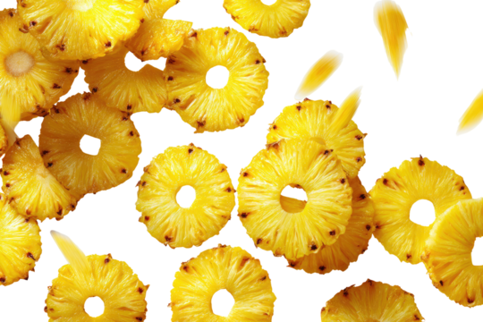 Pineapple slices, vibrant yellow, circular, arranged randomly, with a dark background - Powered by Adobe