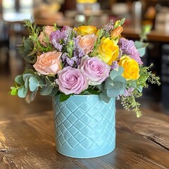Pastel Roses Bouquet in Teal Vase Spring Floral Arrangement