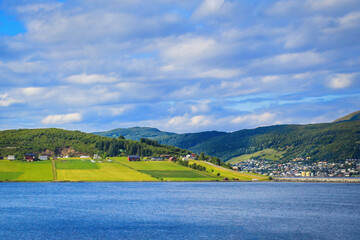 View of Gullesfjord and Kvaeoya Island from Hinnoya Island, Vesteralen archipelago, Northern Norway.