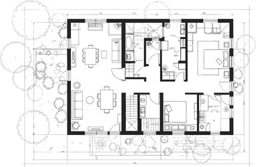 Modern architectural house floor plan with furniture, bedroom, kitchen, dining, living room layout, top view blueprint, detailed residential design with garden elements