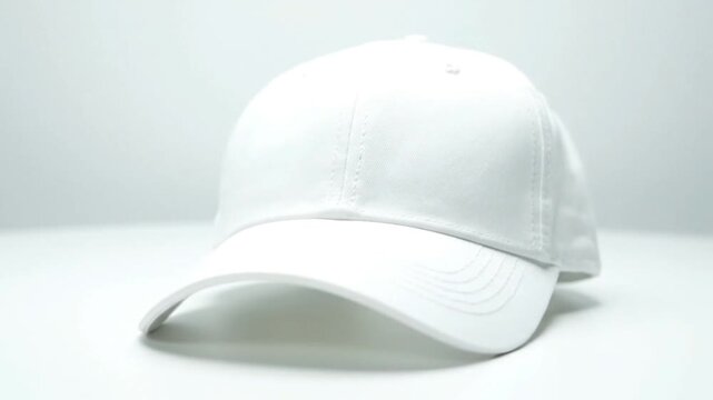 White baseball cap on a white surface angled slightly to the left under bright even lighting