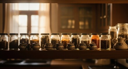 Obraz premium Spices in Jars and Ceramic Pots on Wooden Shelf with Window Light