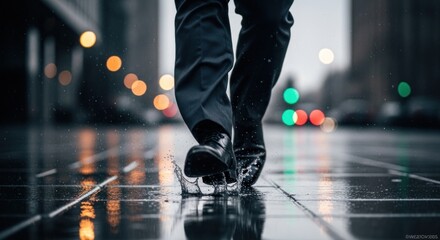 Splashing through city puddles: A businessman's rainy walk with blurred traffic lights