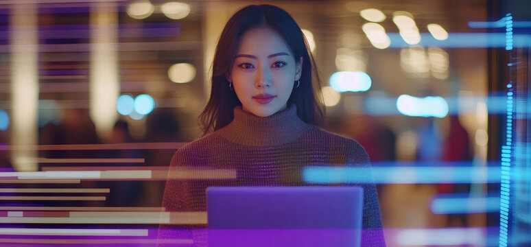 Young asian woman working on laptop at night with data overlay concept. Digital network system, future technology, programming online.