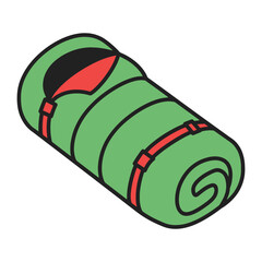 Green camping sleeping bag ready for outdoor adventure and travel