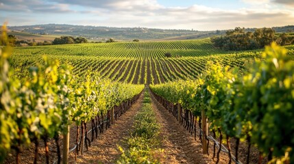 Expansive vineyard rows stretch across a sun-drenched landscape.