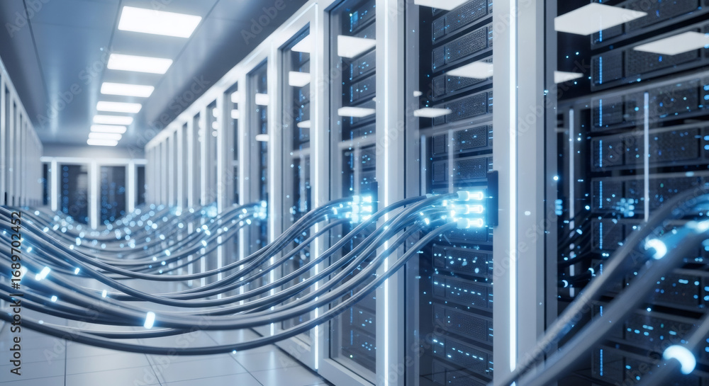 Poster computer servers and glowing optical fiber cables in data center, high speed cloud computing technol