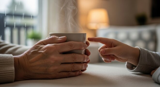 Steaming Cup Shared: Child's Curious Touch on a Rainy Day - Powered by Adobe
