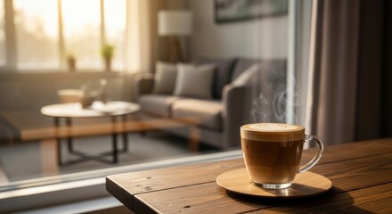 Fototapeta premium Steaming latte art on wooden table, sunlit living room in soft focus background