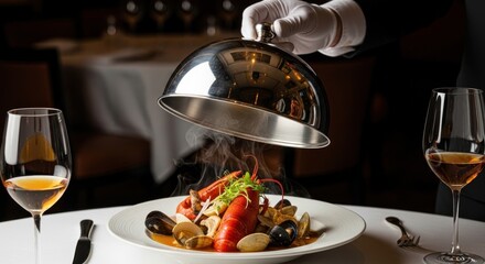 Steaming lobster and shellfish dish revealed by gloved waiter in fine dining setting