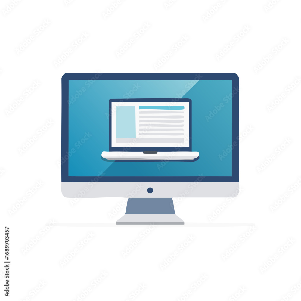 Poster desktop computer displaying website content on screen for digital communication and online presentat
