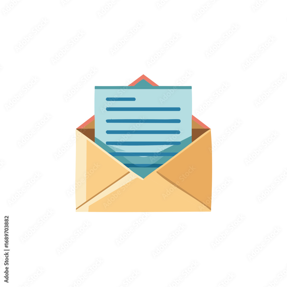 Poster illustration of opened envelope holding a sheet of paper with blue lines symbolizing text for sendin