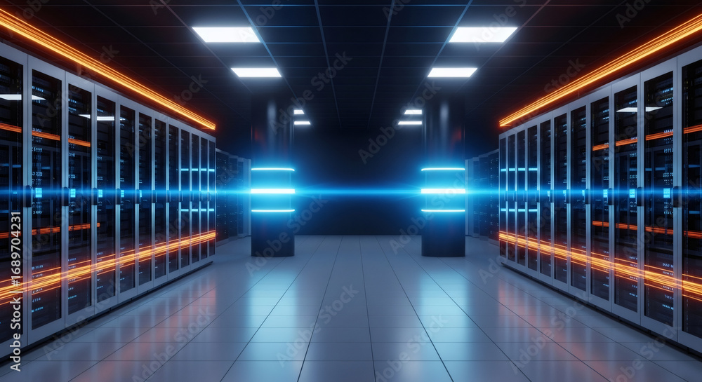 Poster server racks in a modern data center room with glowing lights. fast internet and big data concept fo