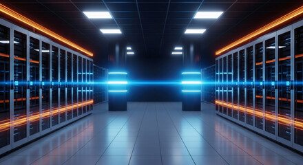Server racks in a modern data center room with glowing lights. Fast internet and big data concept for high speed network communication.
