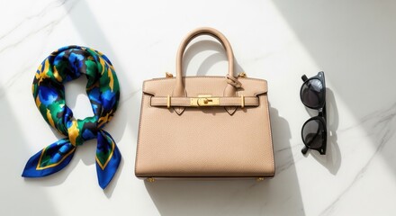 Stylish beige leather handbag with silk scarf and sunglasses on marble background