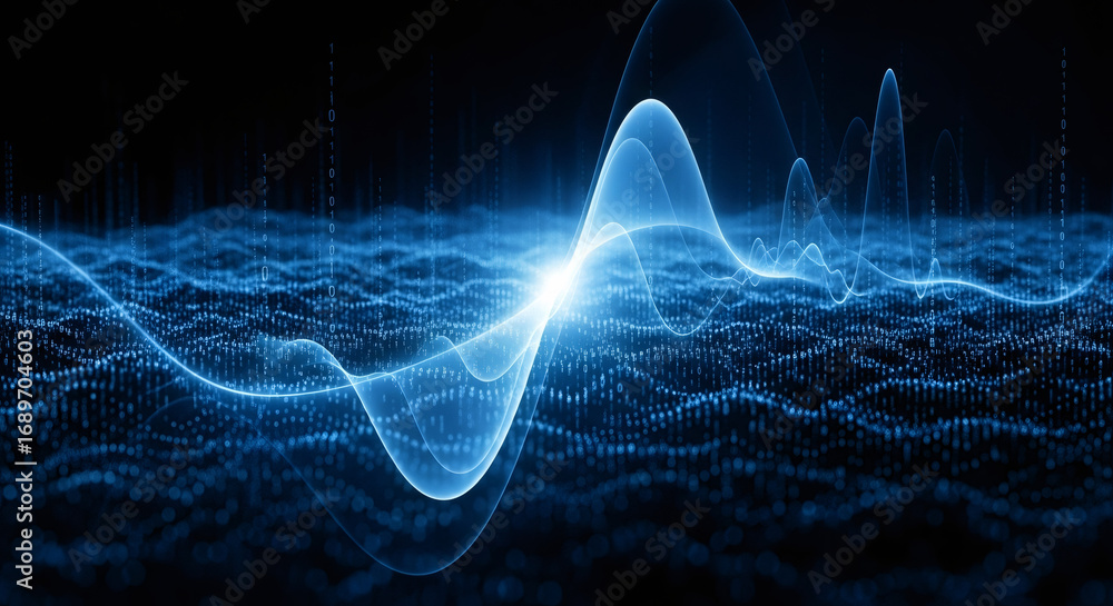 Poster Abstract digital audio wave and sound visualization. Blue quantum data and information technology concept for virtual reality.