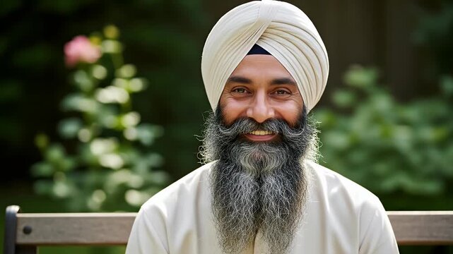 A happy mature sikh man with a long grey beard and a white turban smiling warmly at the camera outdoors