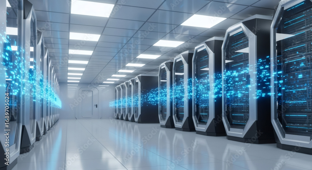 Poster data flowing through server racks in a modern data center with blue glowing information. internet te