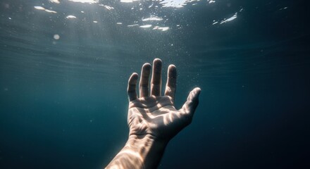Sunlit Hand Reaching Upward in Deep Blue Water, Bubbles and Light Rays