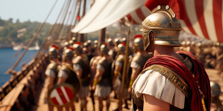 Roman centurion standing on a bireme warship leading his legionaries during a naval expedition