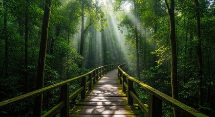 Sunlit Mossy Bridge Through Lush Green Forest Canopy