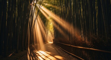 Sunlit Path Through Arashiyama Bamboo Grove, Kyoto, Japan