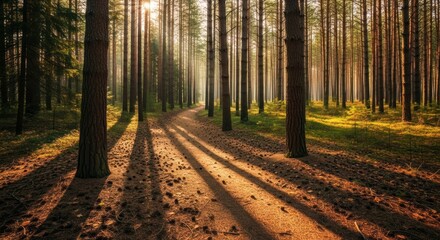 Sunlit Path Through a Dense Pine Forest with Long Shadows and Pine Cones