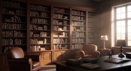 Sunlit study with leather chairs, a lamp, and a towering bookcase filled with books
