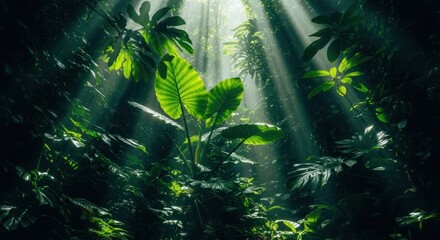 Sunlit tropical rainforest canopy with vibrant green foliage and dramatic light rays