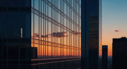 Sunset Reflections: Glass Facade of Modern Skyscraper at Dusk with Cloudscape