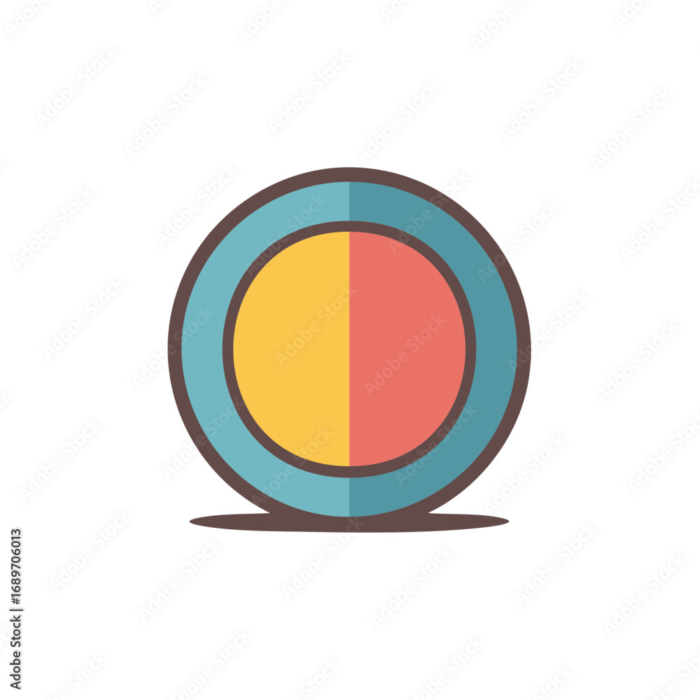 Poster round object divided into yellow and red halves with a blue border outline