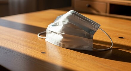 Surgical mask resting on a wooden table bathed in warm sunlight, casting shadows