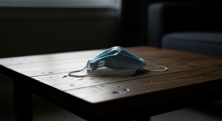 Surgical mask resting on a dark wood table in a dimly lit room