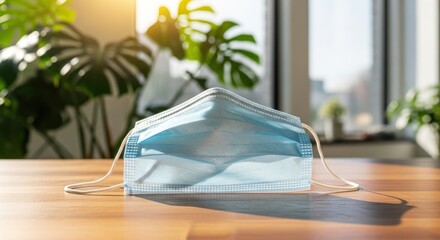 Surgical mask resting on wooden table with sunlight and plants in background