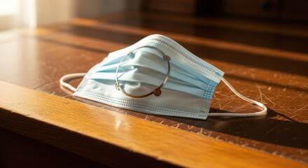 Surgical mask with glasses on a wooden surface bathed in warm sunlight