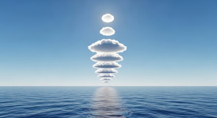 Surreal cloud tower rising from the ocean horizon under a clear blue sky