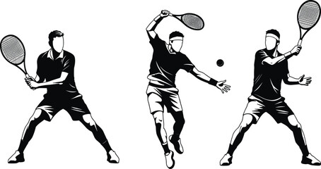 Professional male tennis players in dynamic action poses, black and white vector illustration of athletes playing tennis game, training, competition, racket sports, isolated silhouette artwork