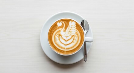 Swan Latte Art: A Delicate Coffee Creation on White Wood Surface
