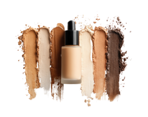 Foundation swatches and a dropper bottle, various shades