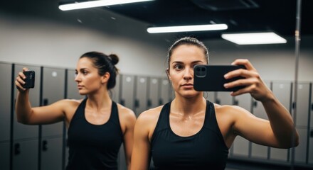 Sweaty Woman Taking Gym Selfie in Mirror with Lockers and Bright Lights