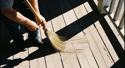 Sweeping Sunlight: A Broom Clears Dust on a Wooden Deck with Strong Shadows