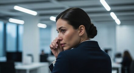 Tearful businesswoman in dark suit, office lights, emotional distress, side view