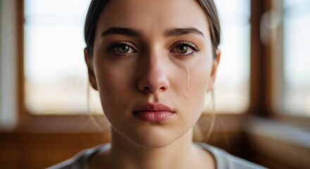 Tearful gaze: Close-up of a young woman's face with a single tear